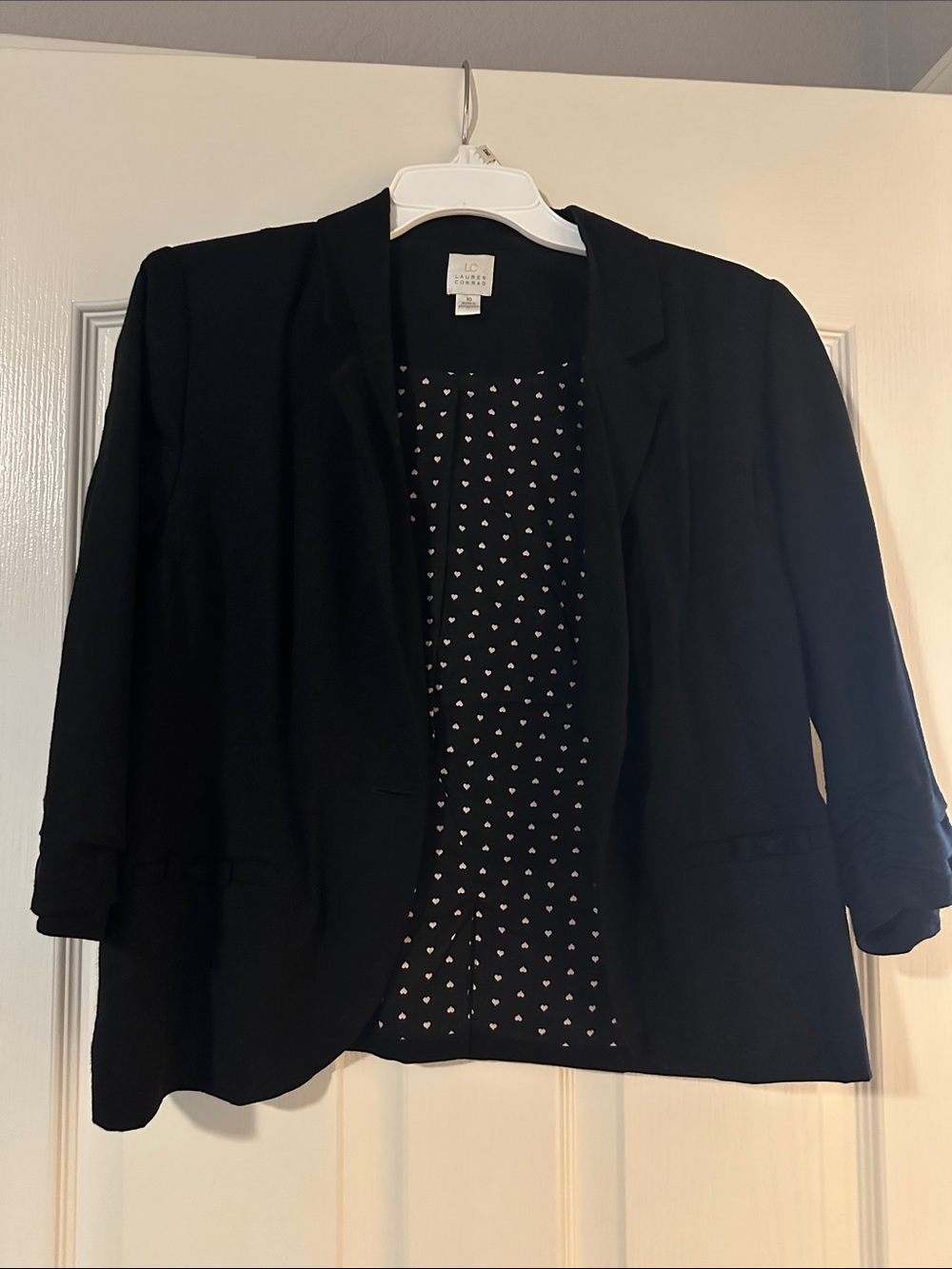 LC Lauren Conrad Black Open-Front Blazer with Heart-Print Lining